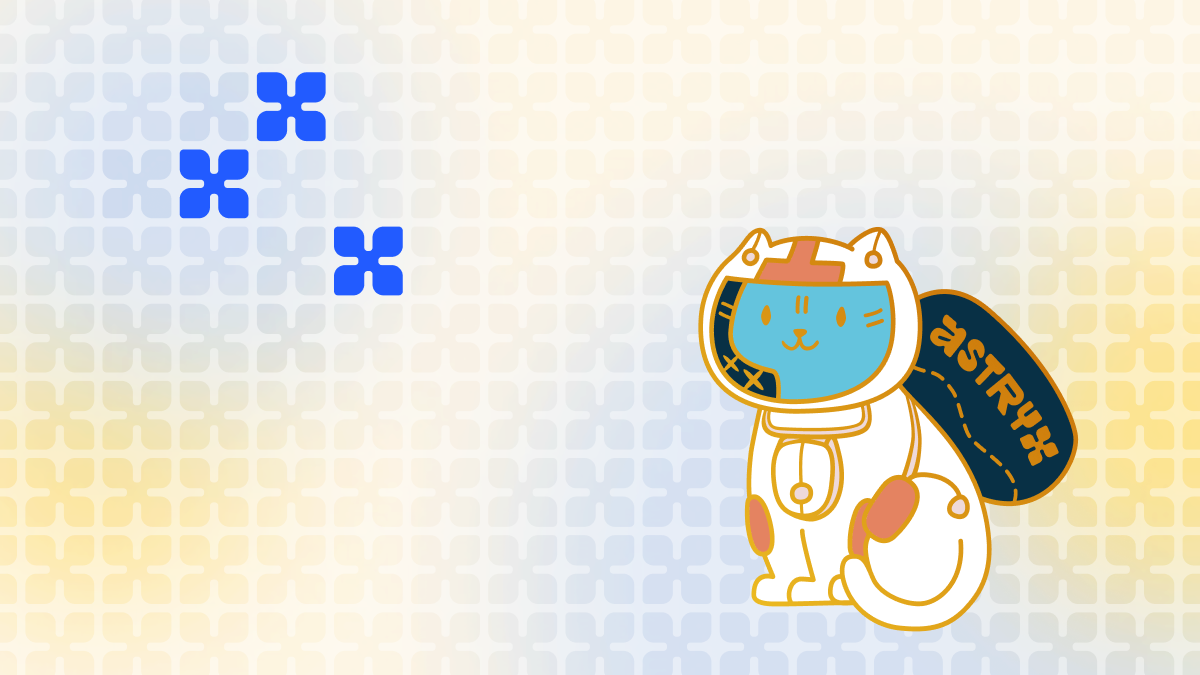 Astracat, the Astryx mascot, in an astronaut helmet with an Astryx-branded jetpack, against a gradient backdrop of asterisk shapes